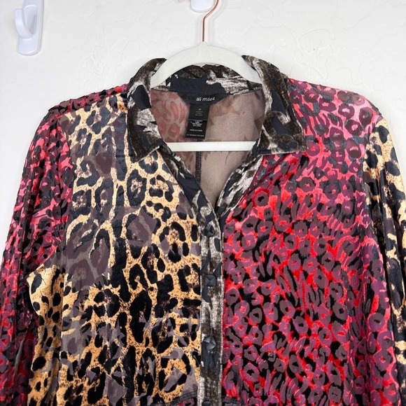 Ali Miles Velvet Animal Leopard Print Button Up Tunic Top Artsy Colorful Size M - Picture 2 of 12